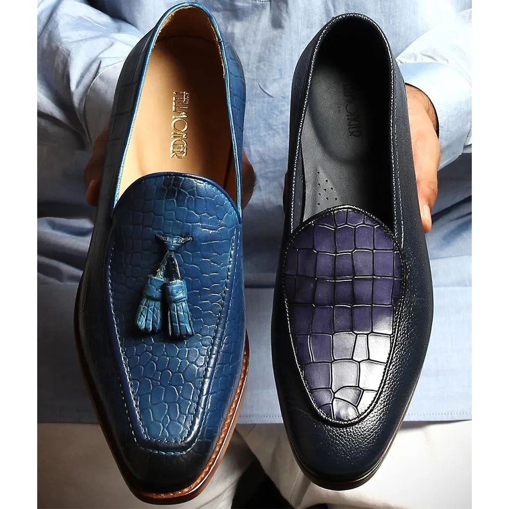 Blue Milled   Croco Belgain Loafers