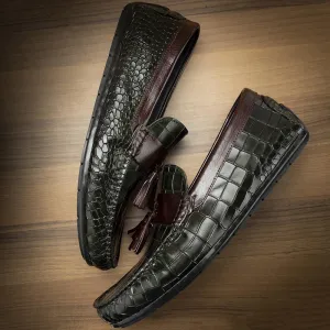 Green   Burgundy Glossed Croco Tassel Driving Loafers