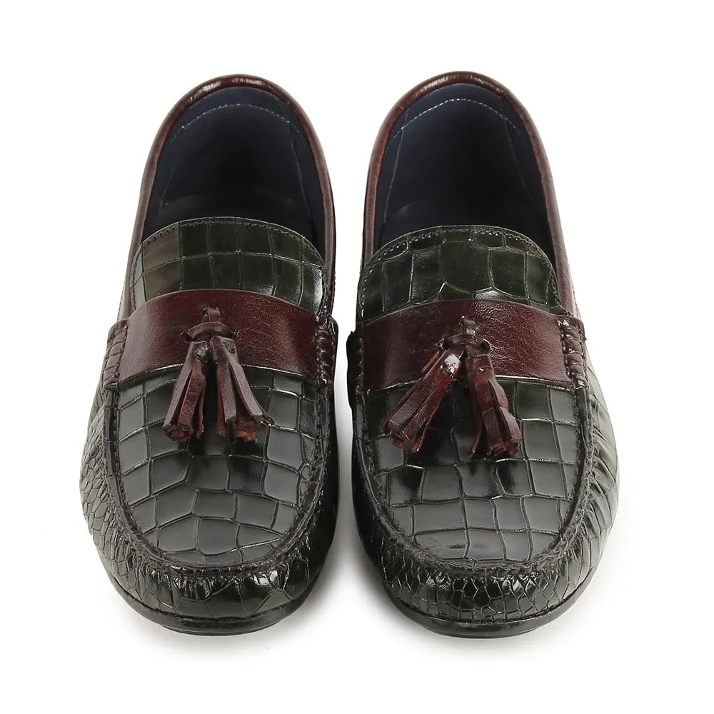 Green   Burgundy Glossed Croco Tassel Driving Loafers