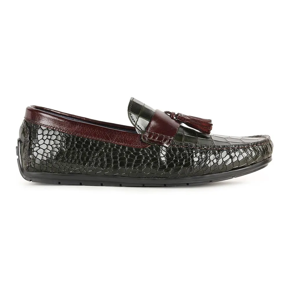 Green   Burgundy Glossed Croco Tassel Driving Loafers