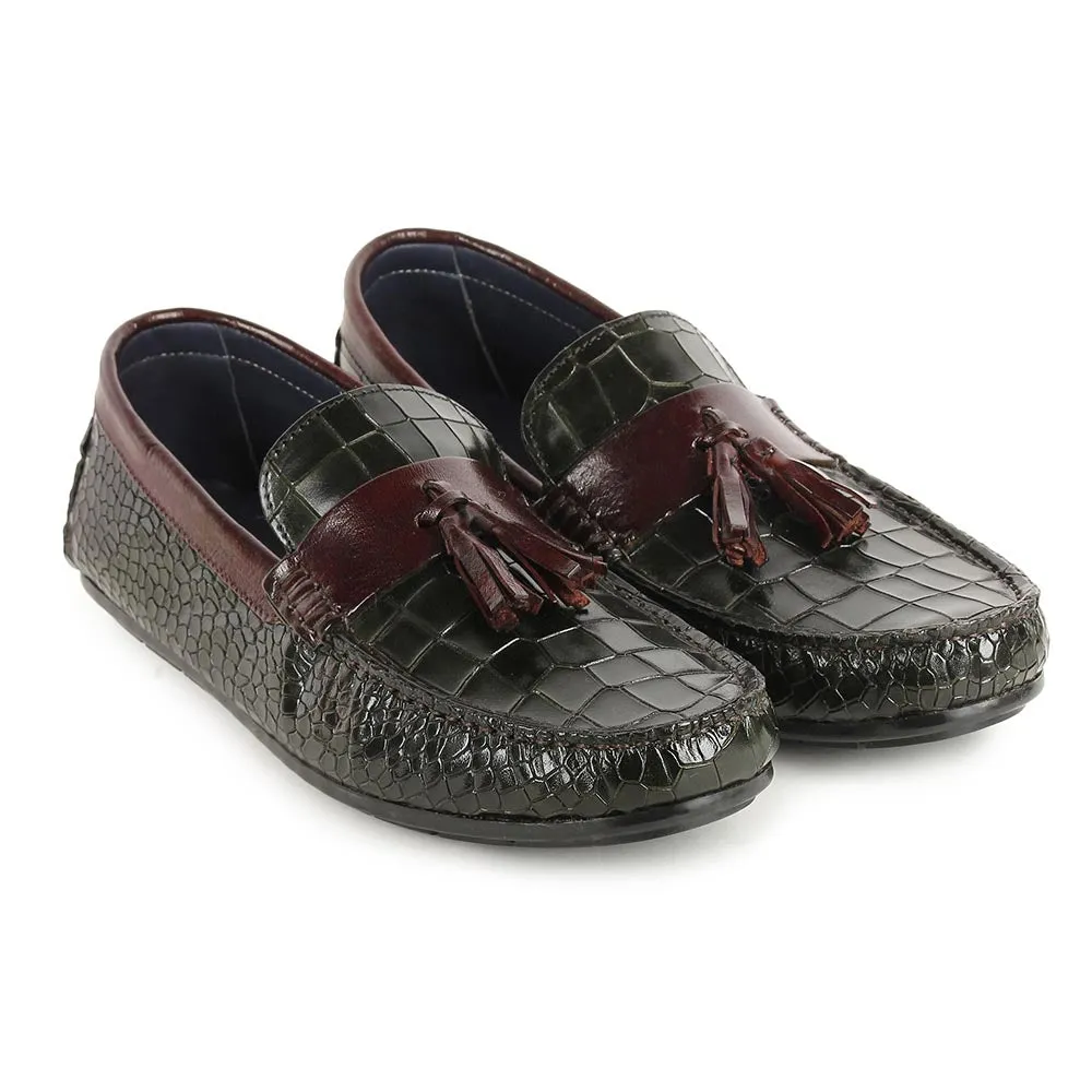 Green   Burgundy Glossed Croco Tassel Driving Loafers