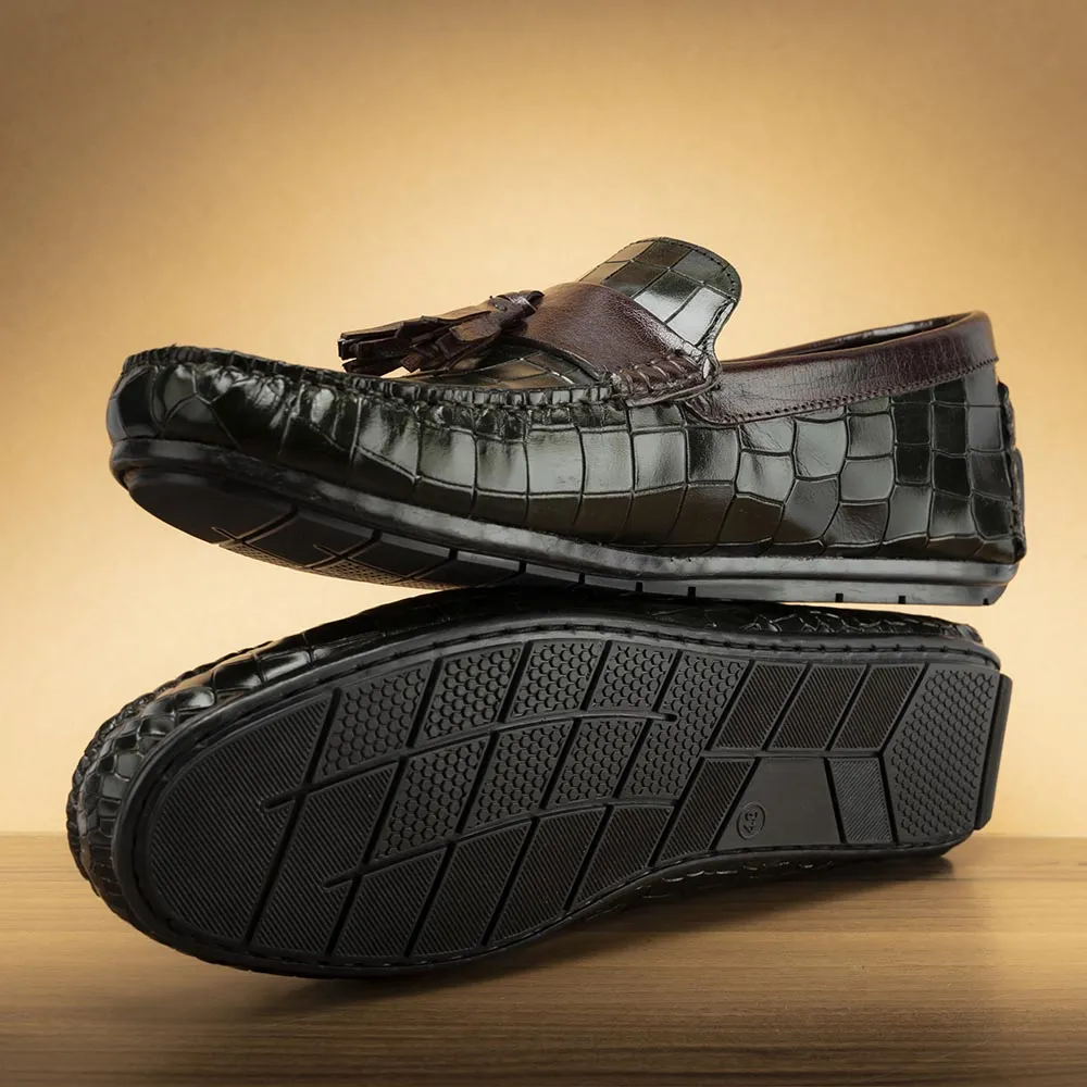 Green   Burgundy Glossed Croco Tassel Driving Loafers