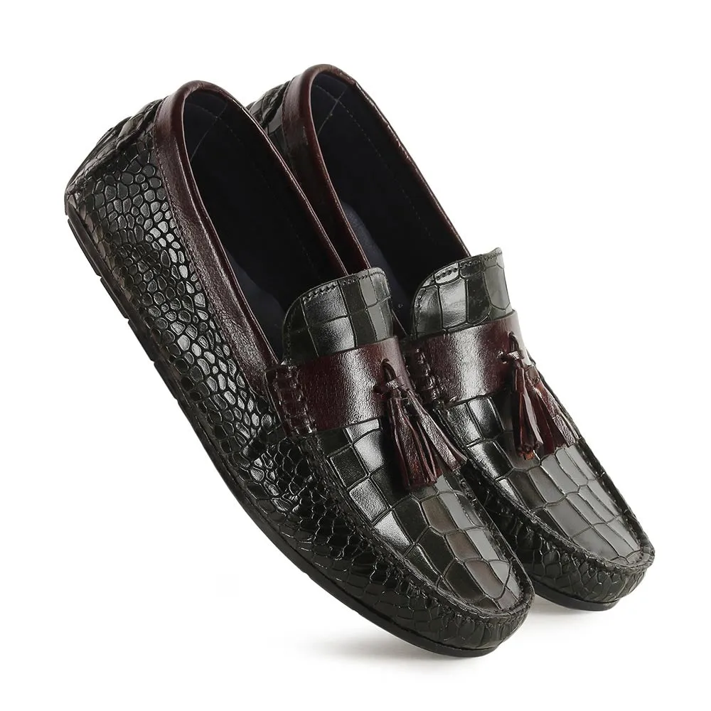 Green   Burgundy Glossed Croco Tassel Driving Loafers