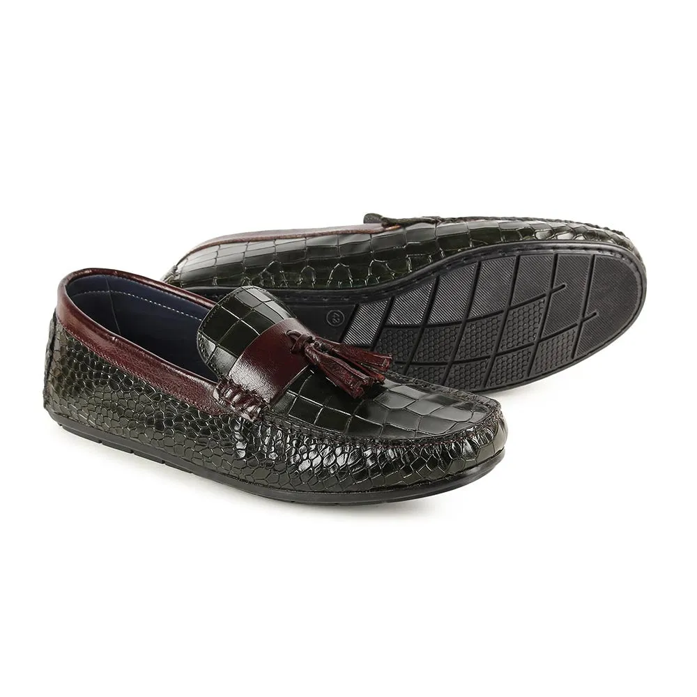 Green   Burgundy Glossed Croco Tassel Driving Loafers