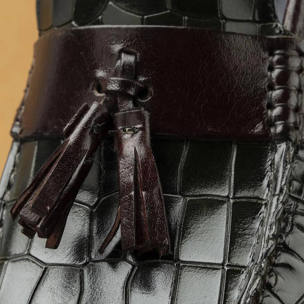 Green   Burgundy Glossed Croco Tassel Driving Loafers