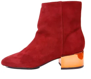 Ivy Kirzhner Ringo Red Suede Metallic Gold Block Heel Chic Designer Ankle Bootie