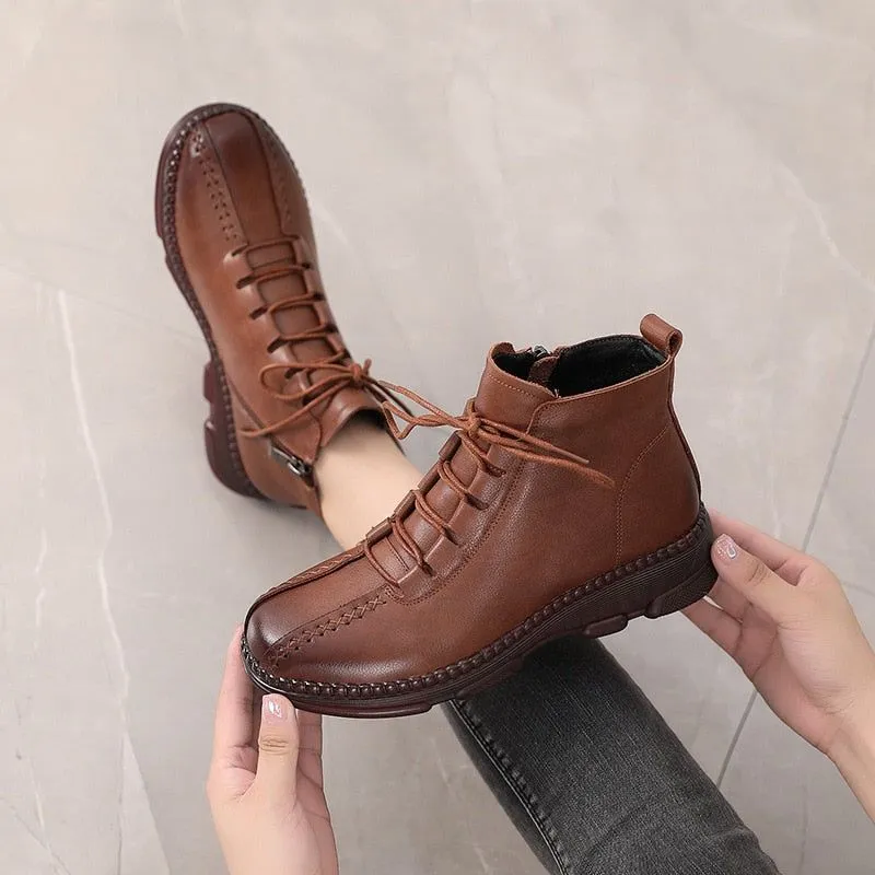 Leather Ankle Boots Handmade Flat Comfortable Women's Casual Shoes GCSZXC55