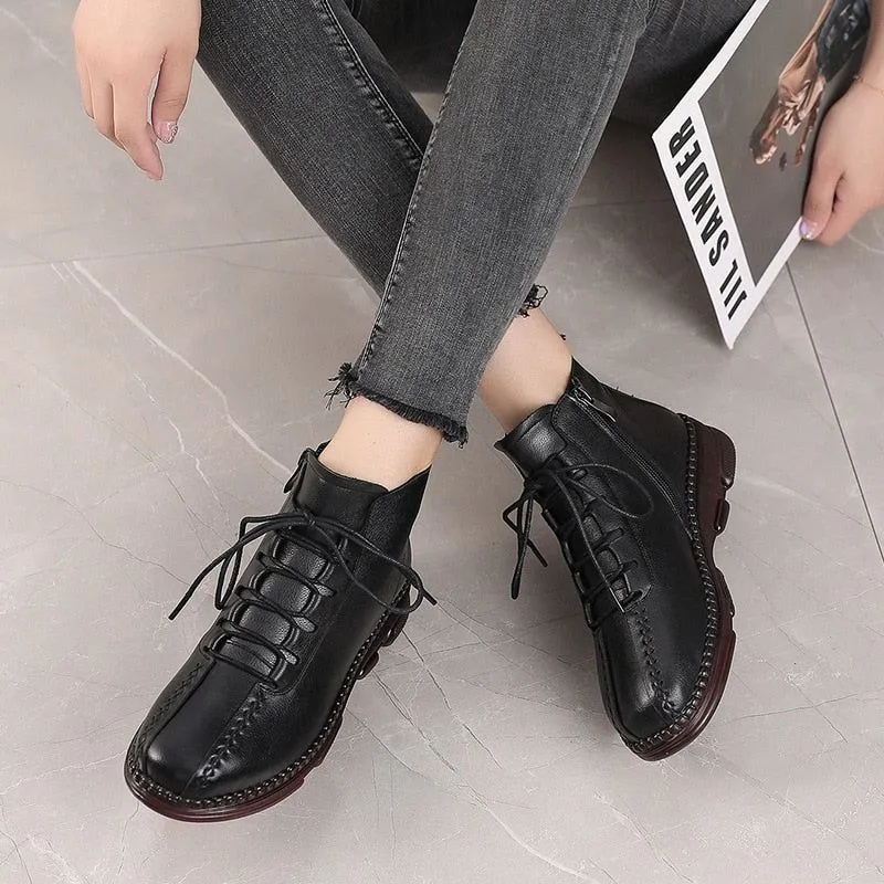 Leather Ankle Boots Handmade Flat Comfortable Women's Casual Shoes GCSZXC55