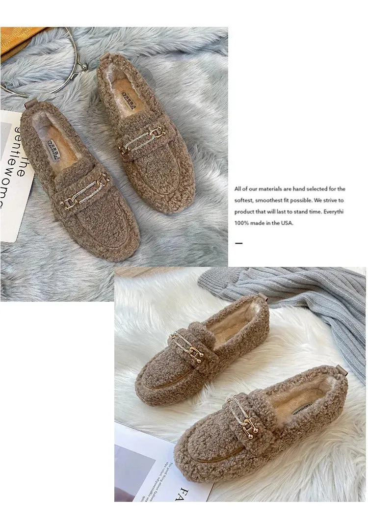 Luxury Sheep Fur Lined Loafers Women Lambswool Shoes Ladies Winter Slip On Furry Flats Cotton Wool Mocasine Femme Barefoot Boots