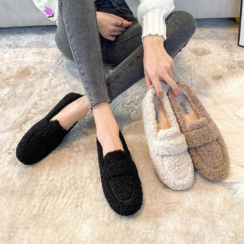 Luxury Sheep Fur Lined Loafers Women Lambswool Shoes Ladies Winter Slip On Furry Flats Cotton Wool Mocasine Femme Barefoot Boots