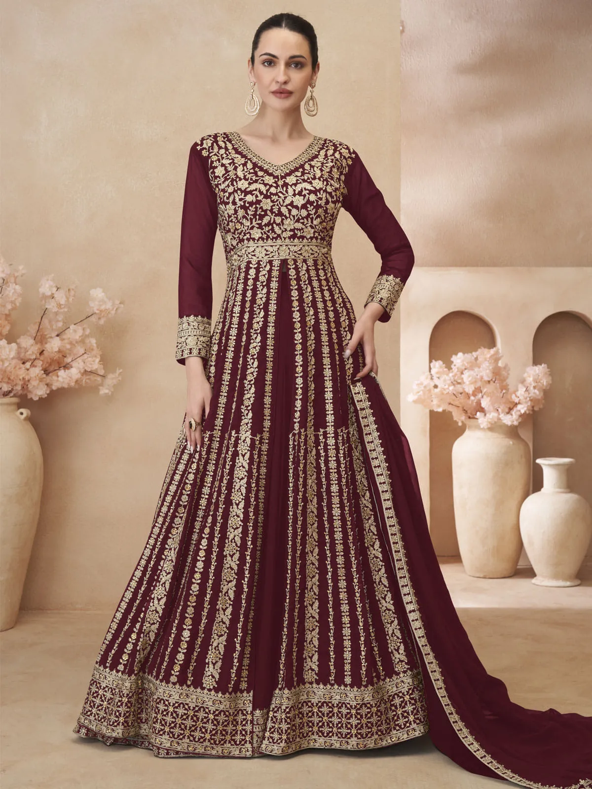 Maroon Embroidered Anarkali Lehenga Style Suit