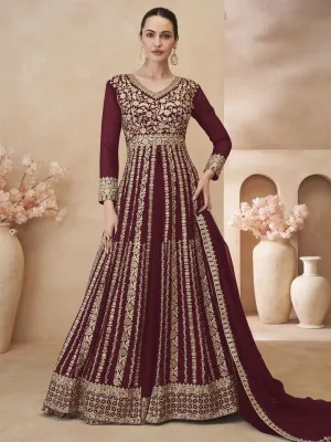 Maroon Embroidered Anarkali Lehenga Style Suit