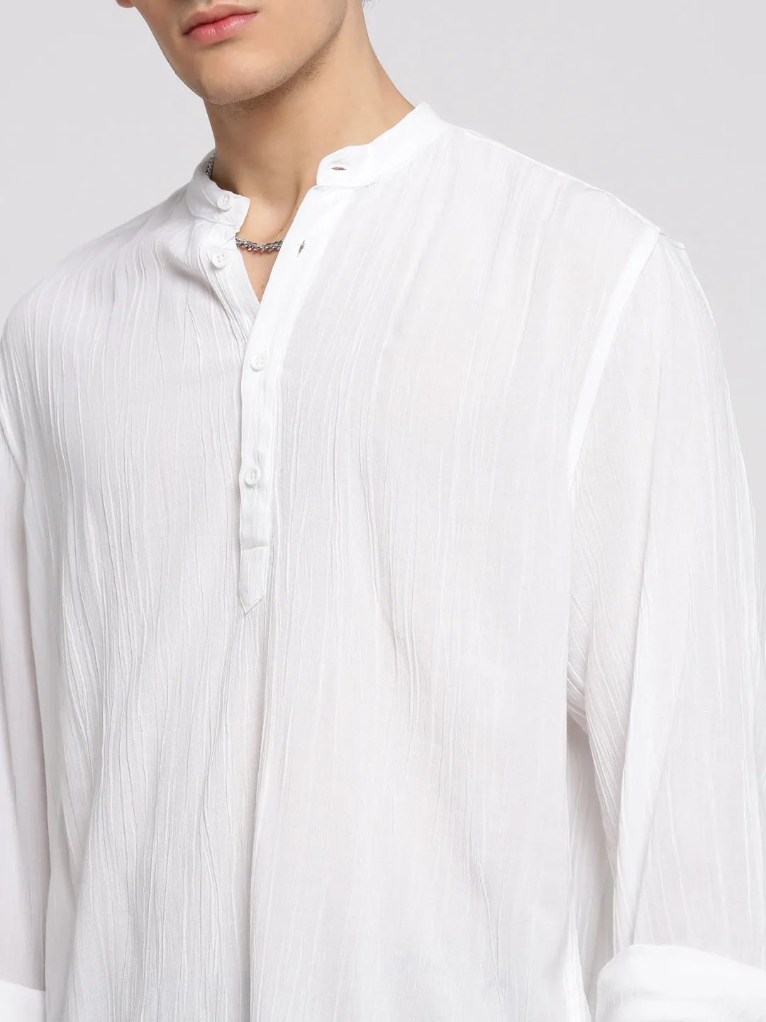 Men White Self Design Mandarin Collar Shirt