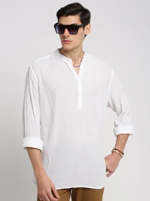 Men White Self Design Mandarin Collar Shirt