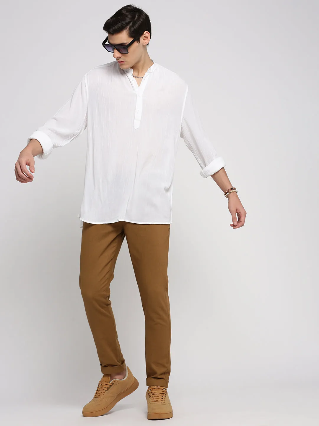 Men White Self Design Mandarin Collar Shirt