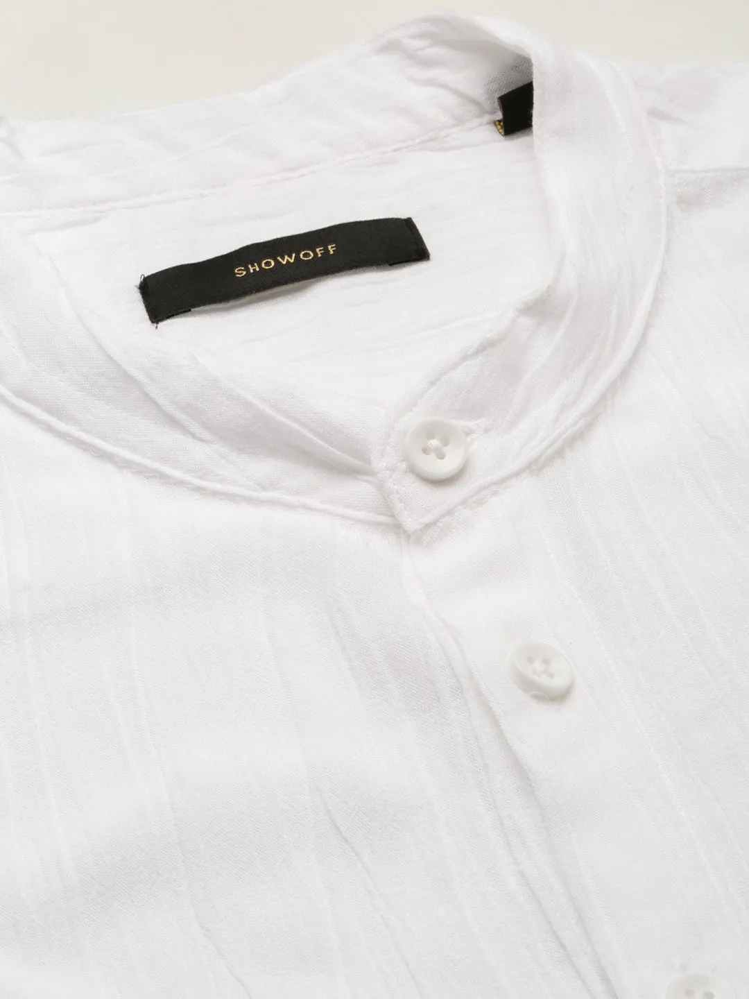 Men White Self Design Mandarin Collar Shirt