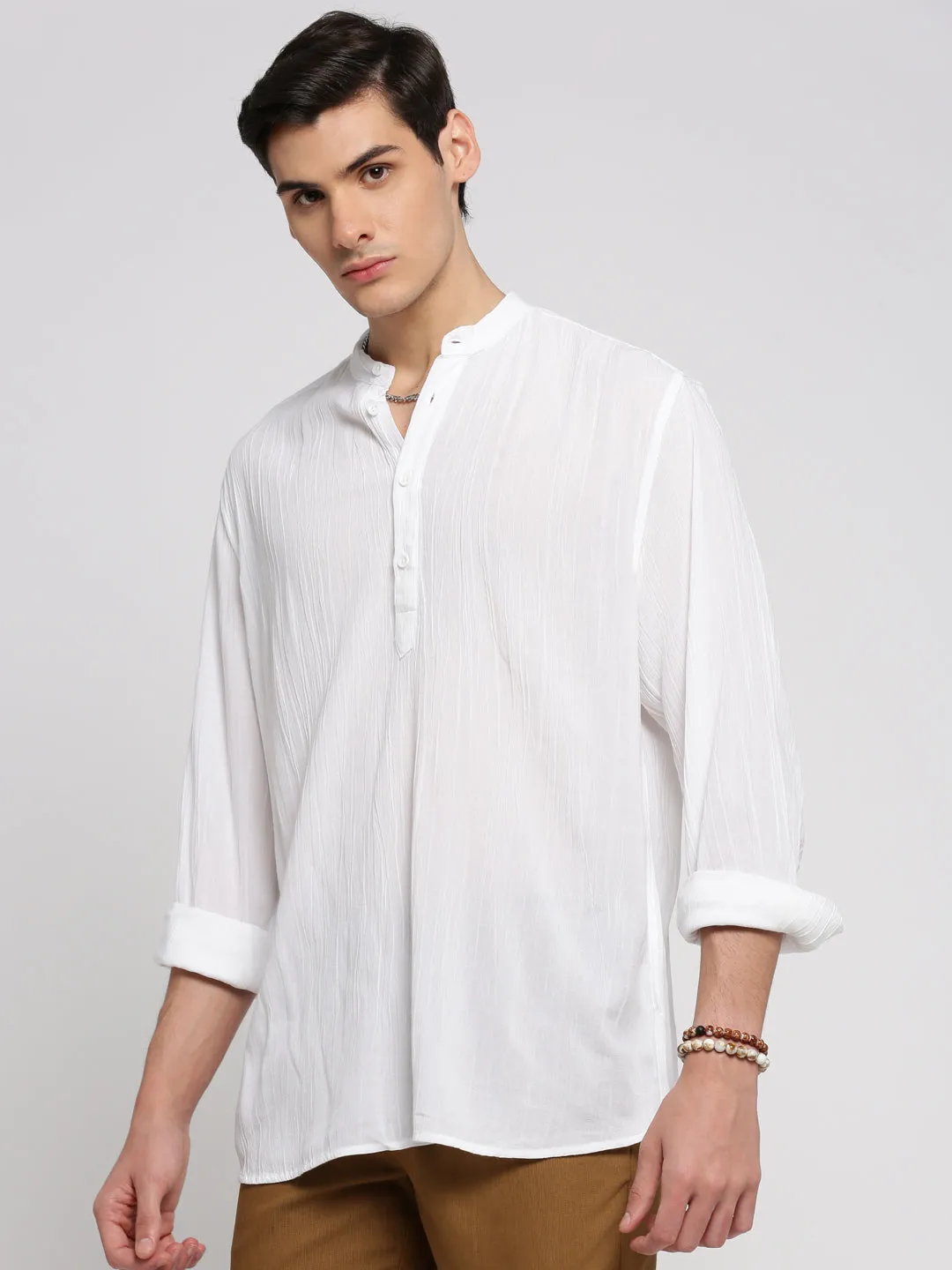 Men White Self Design Mandarin Collar Shirt