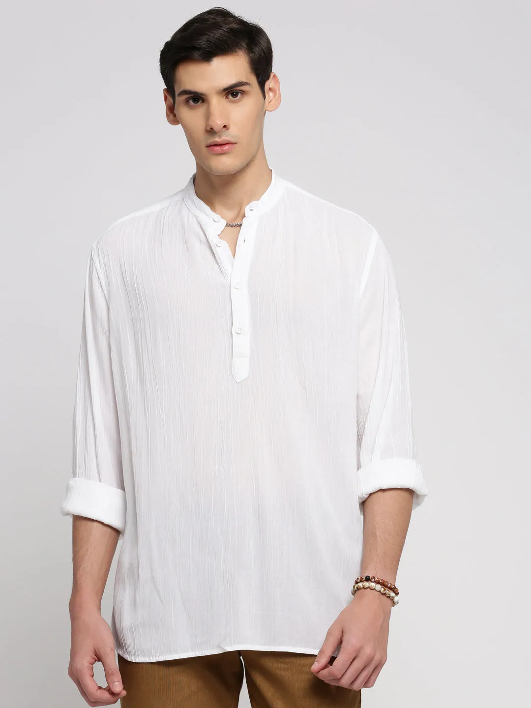 Men White Self Design Mandarin Collar Shirt