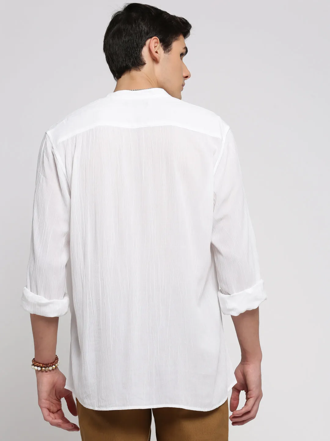 Men White Self Design Mandarin Collar Shirt