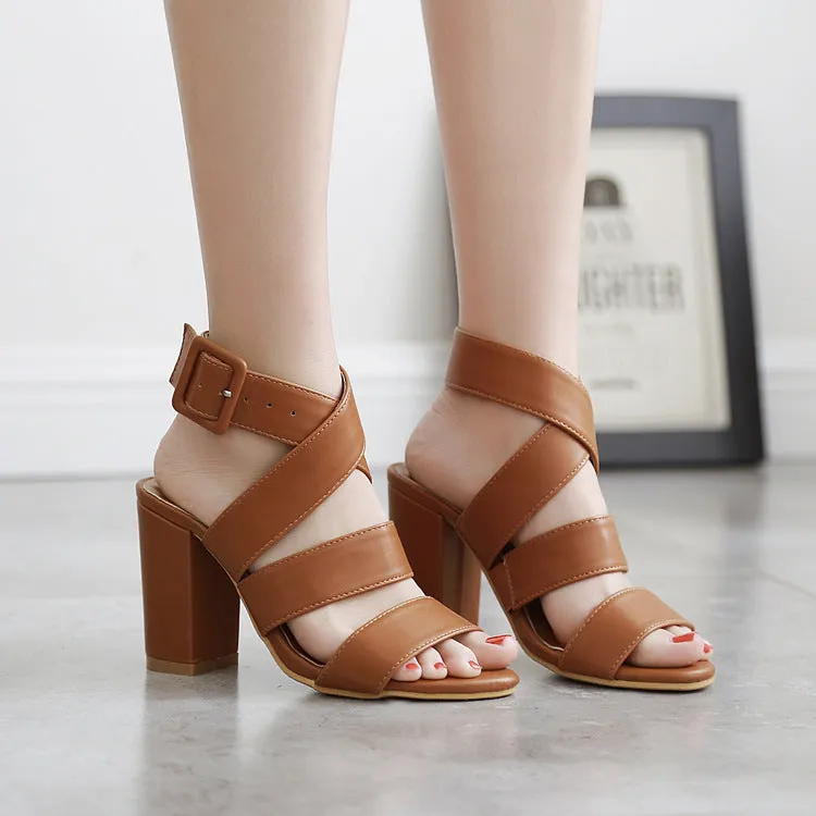 Open Toe Straps Ankle Wrap Chunky Heel Sandals