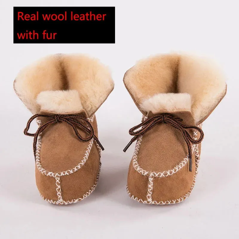 Plush Wool Fur First Walker Genuine Leather Moccasins Boots