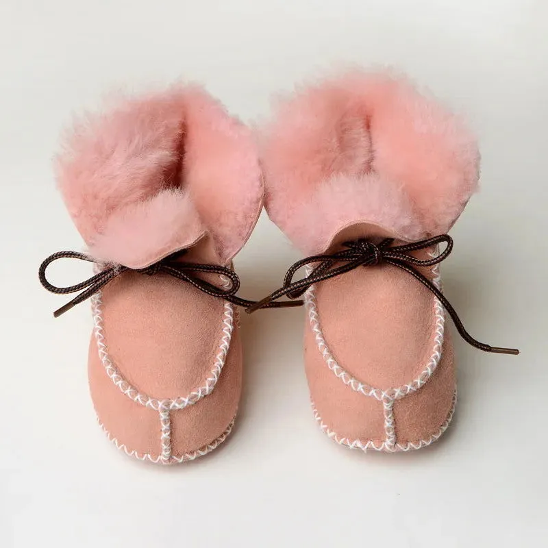 Plush Wool Fur First Walker Genuine Leather Moccasins Boots