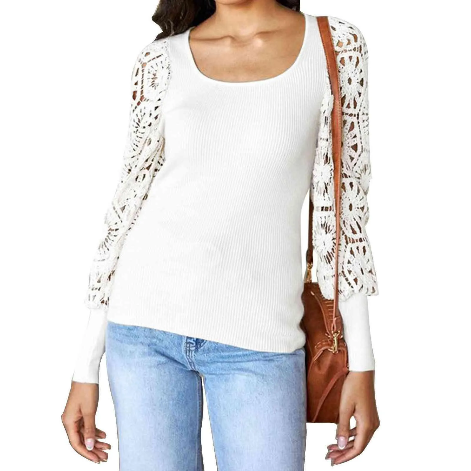 Warm And Refined Lace White Long Sleeve Knit Top
