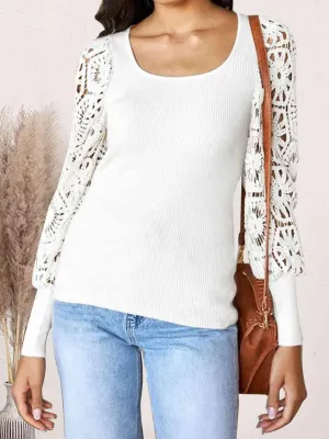 Warm And Refined Lace White Long Sleeve Knit Top