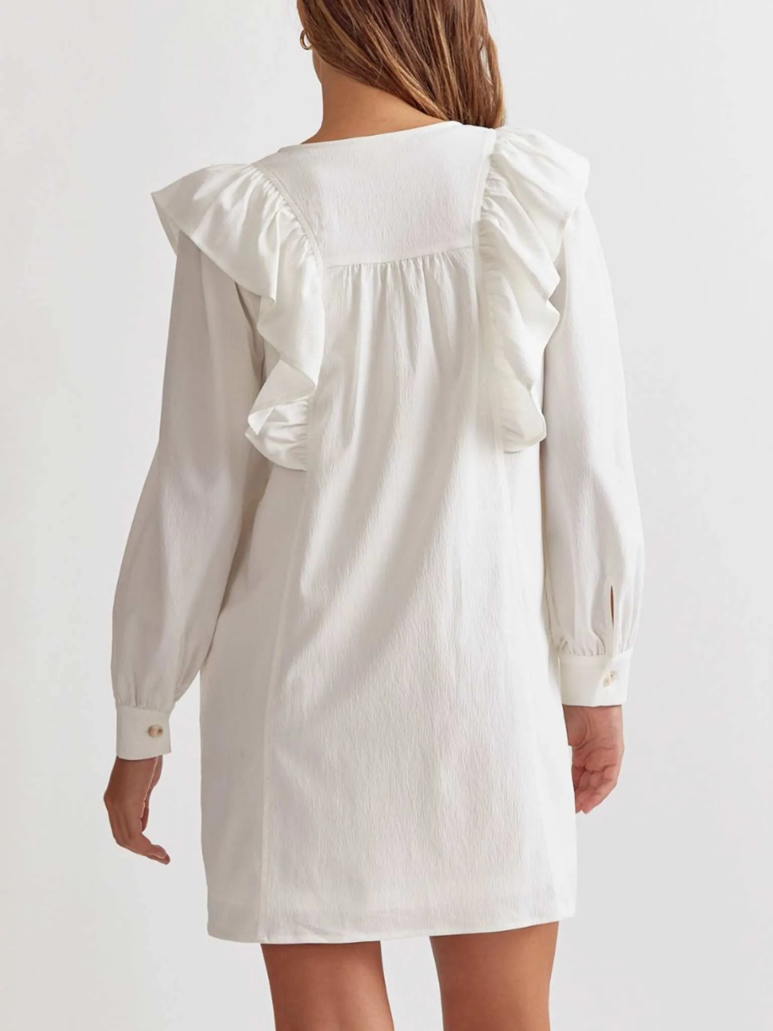 White Ruffle Shoulder Button Up Dress