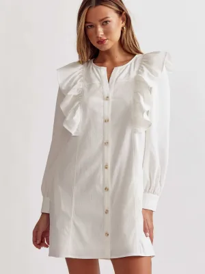 White Ruffle Shoulder Button Up Dress