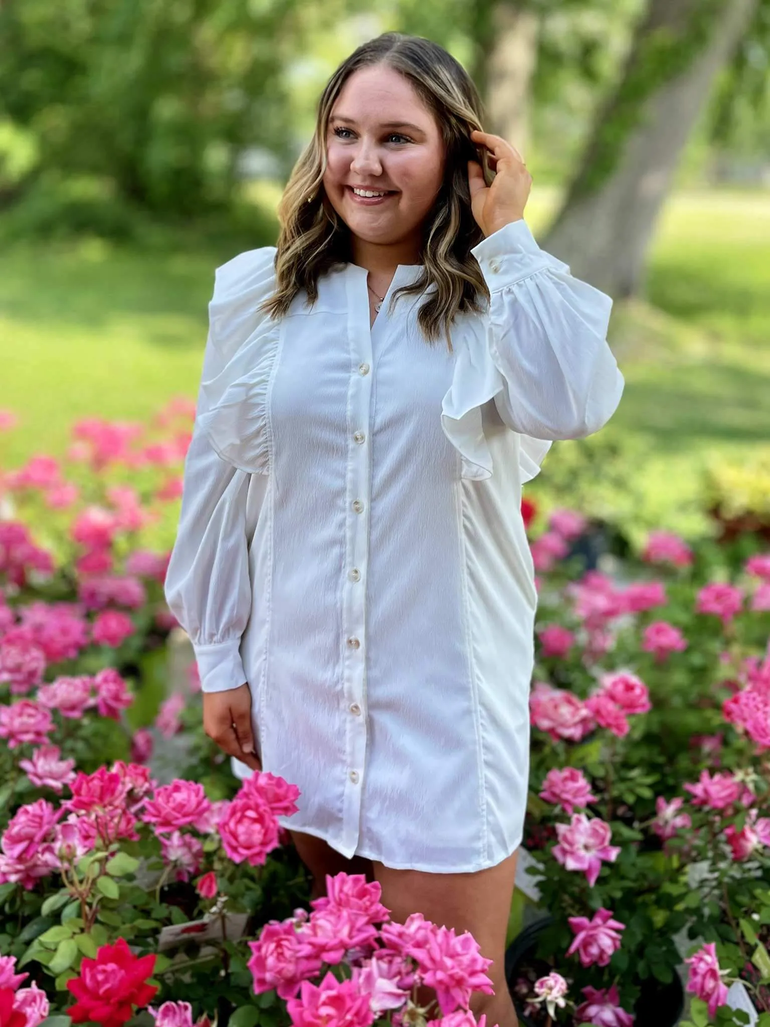 White Ruffle Shoulder Button Up Dress