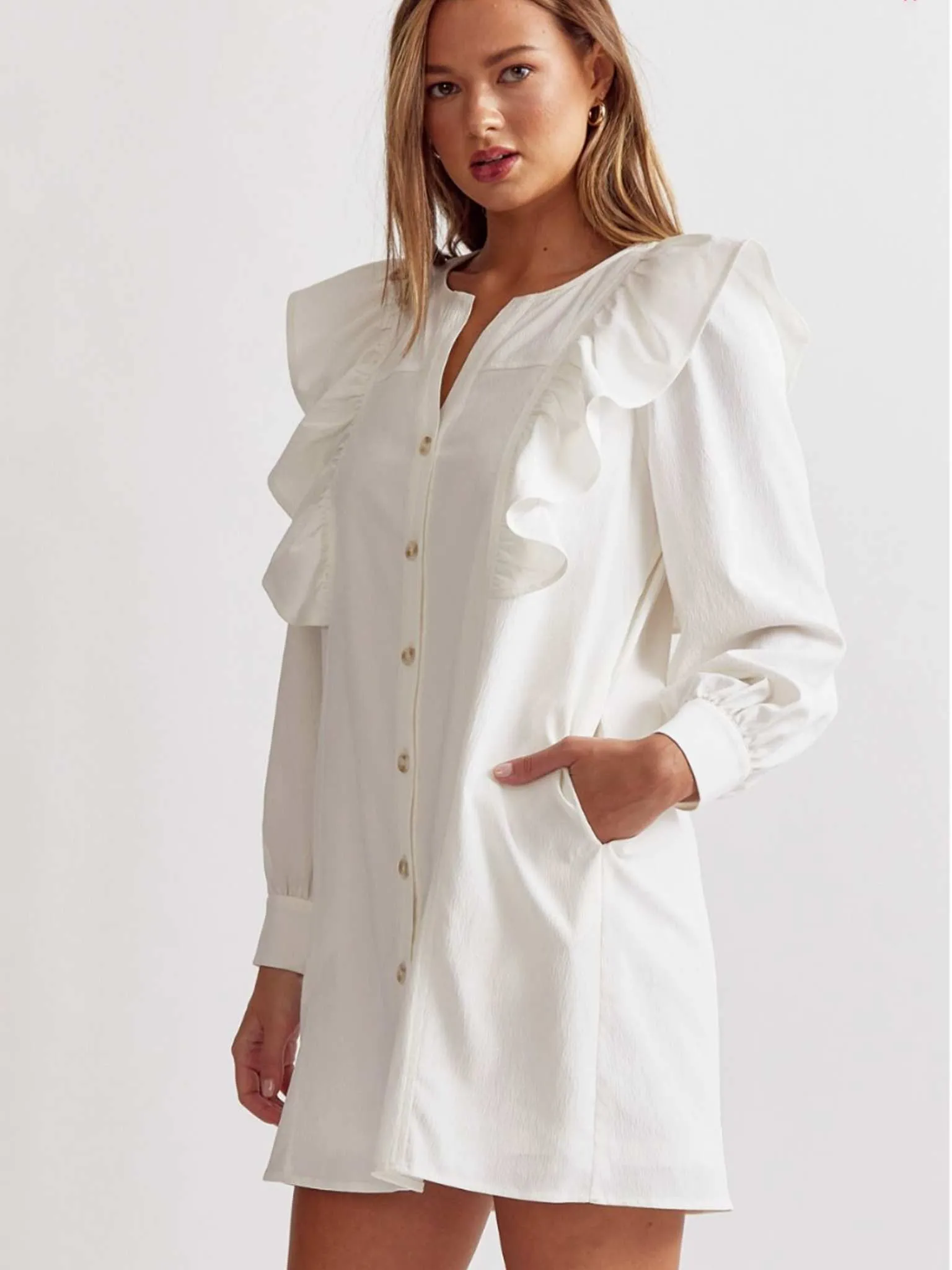 White Ruffle Shoulder Button Up Dress