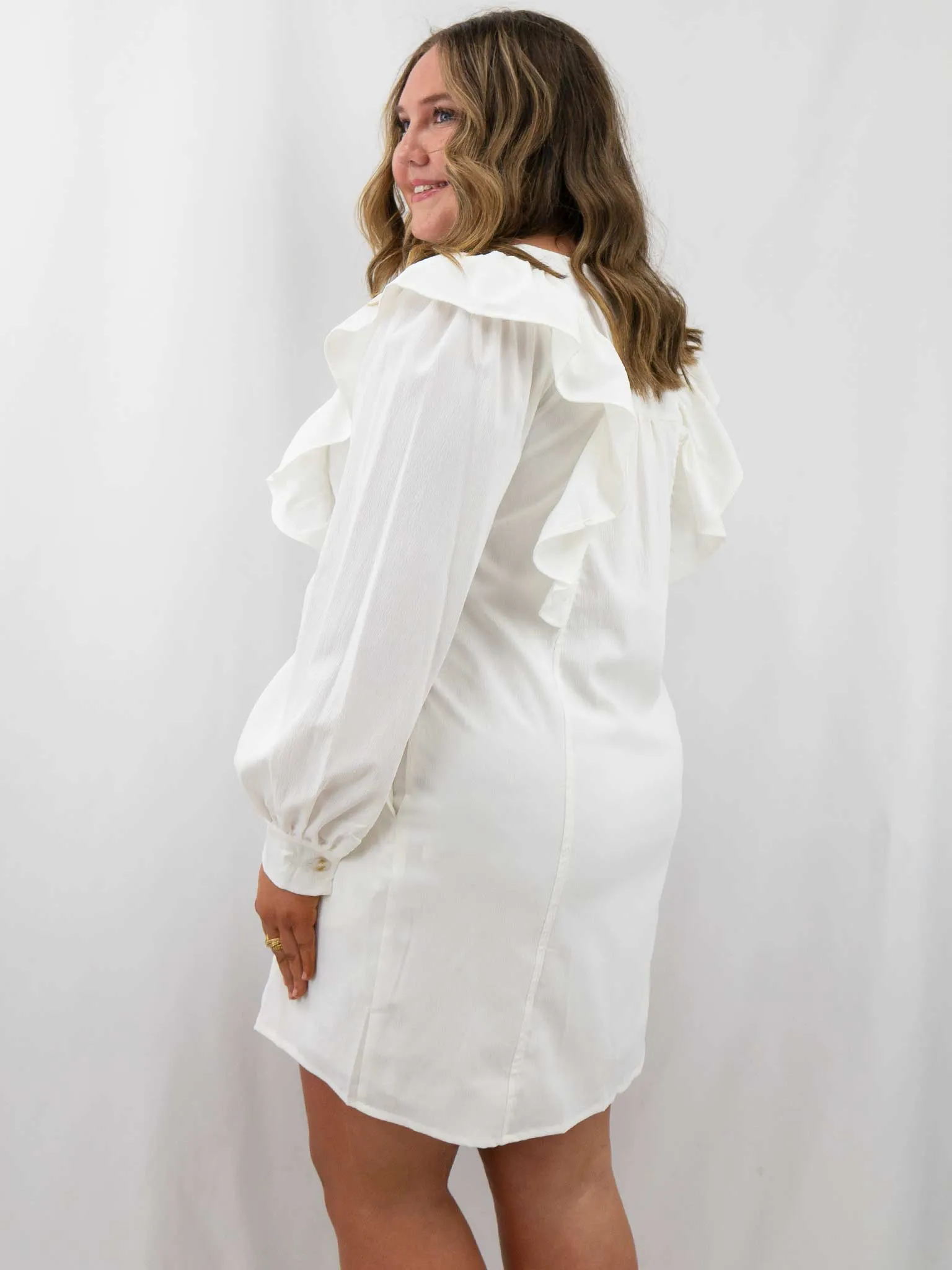 White Ruffle Shoulder Button Up Dress
