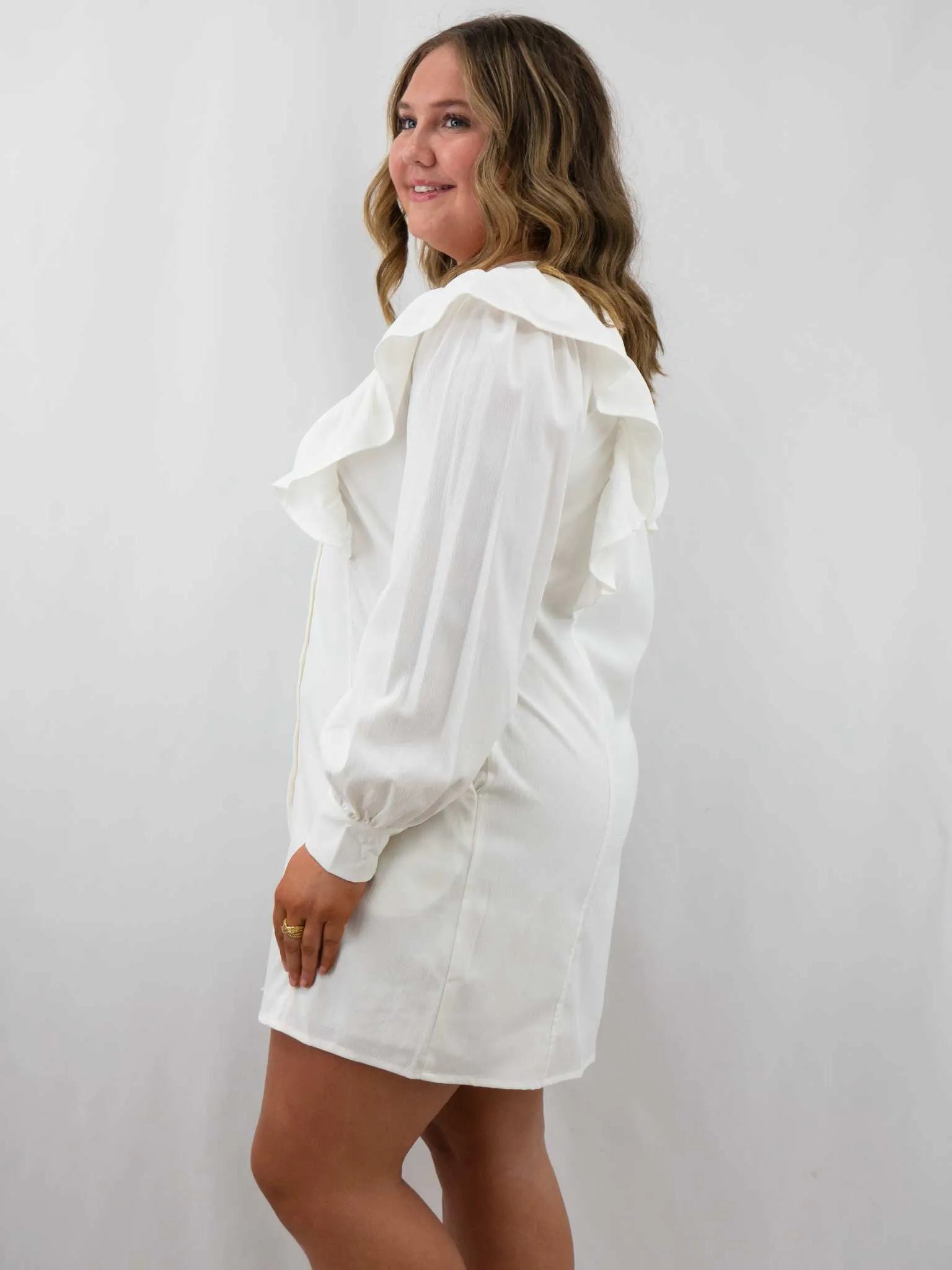 White Ruffle Shoulder Button Up Dress