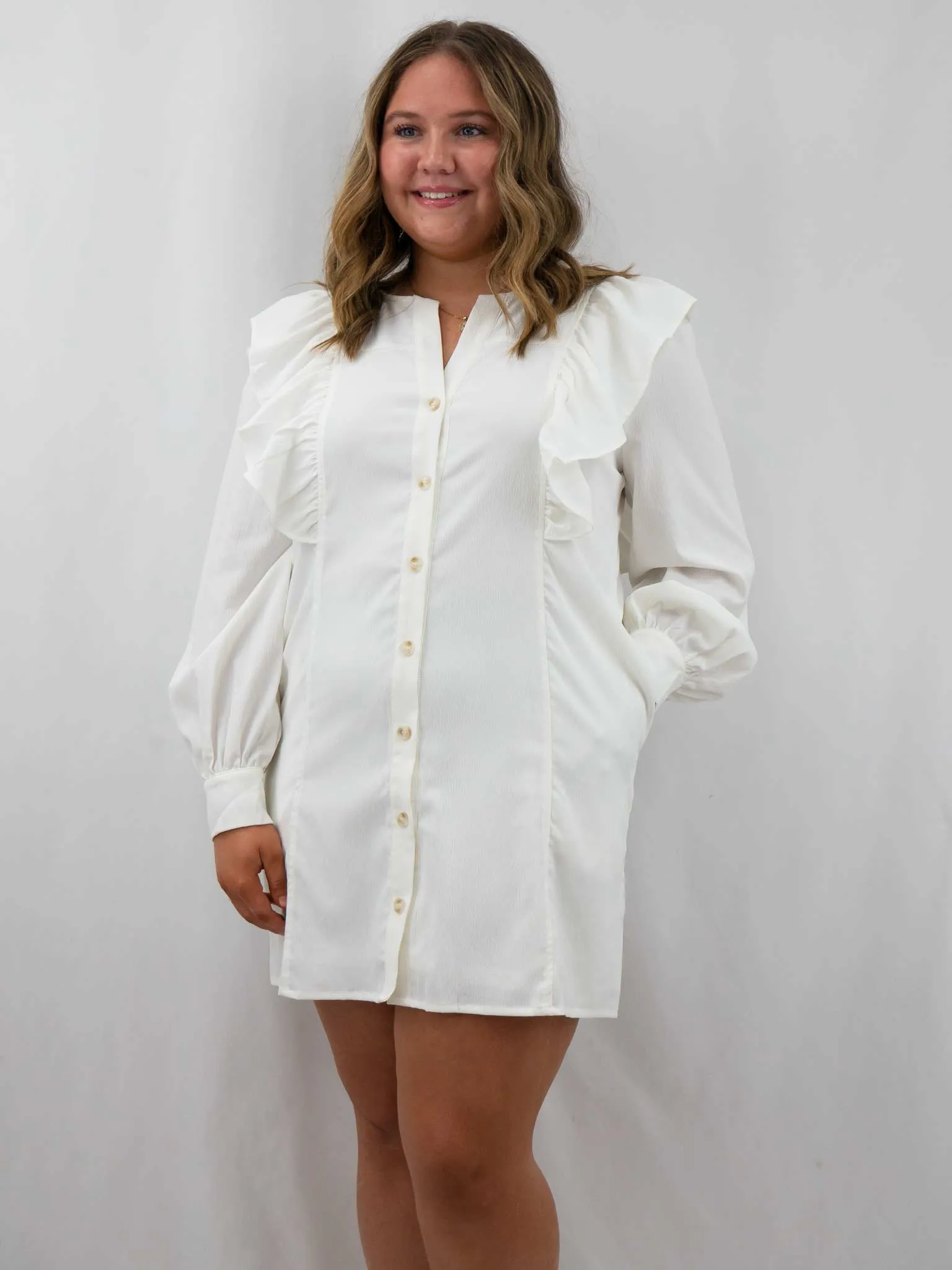 White Ruffle Shoulder Button Up Dress