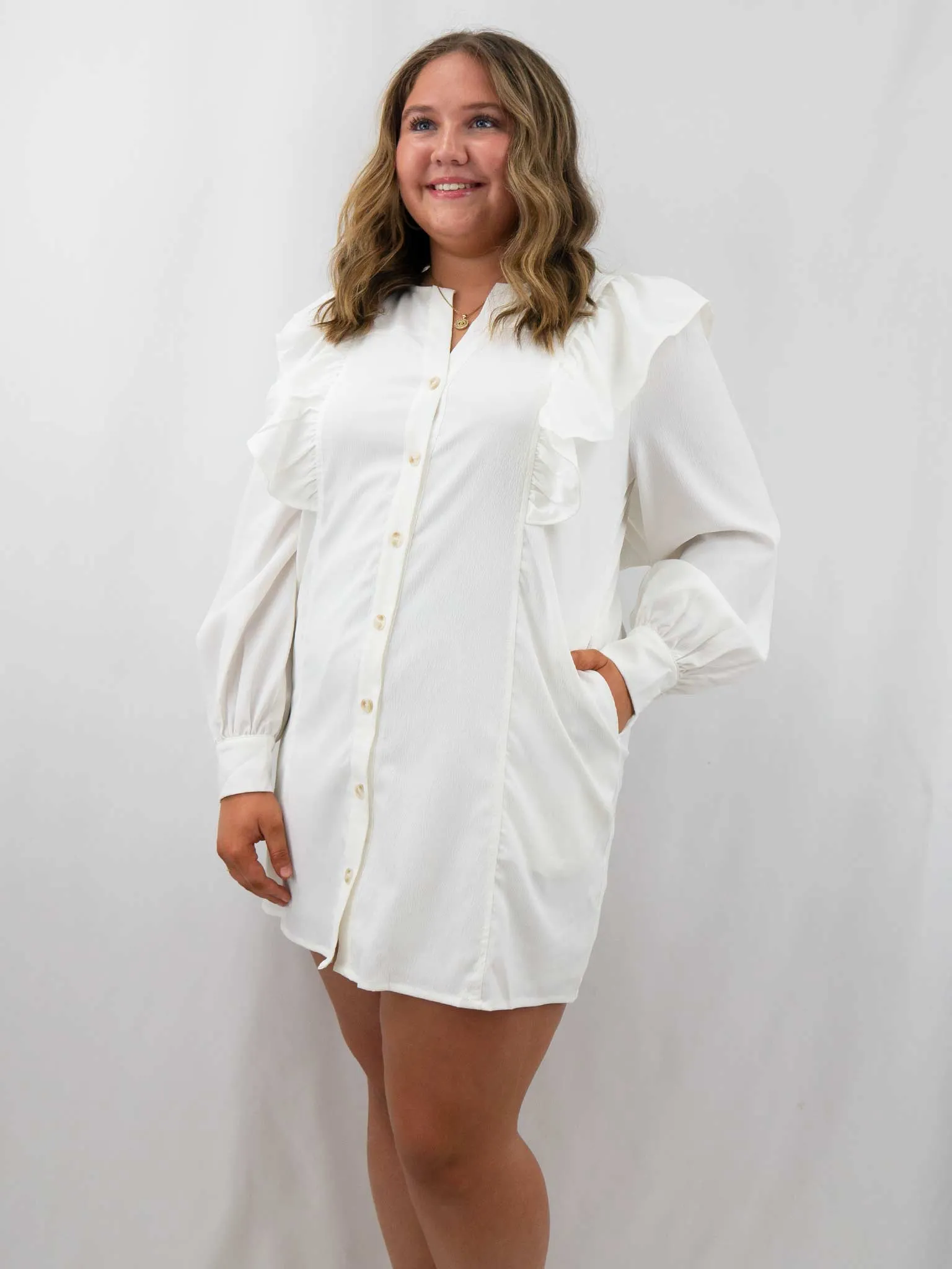 White Ruffle Shoulder Button Up Dress