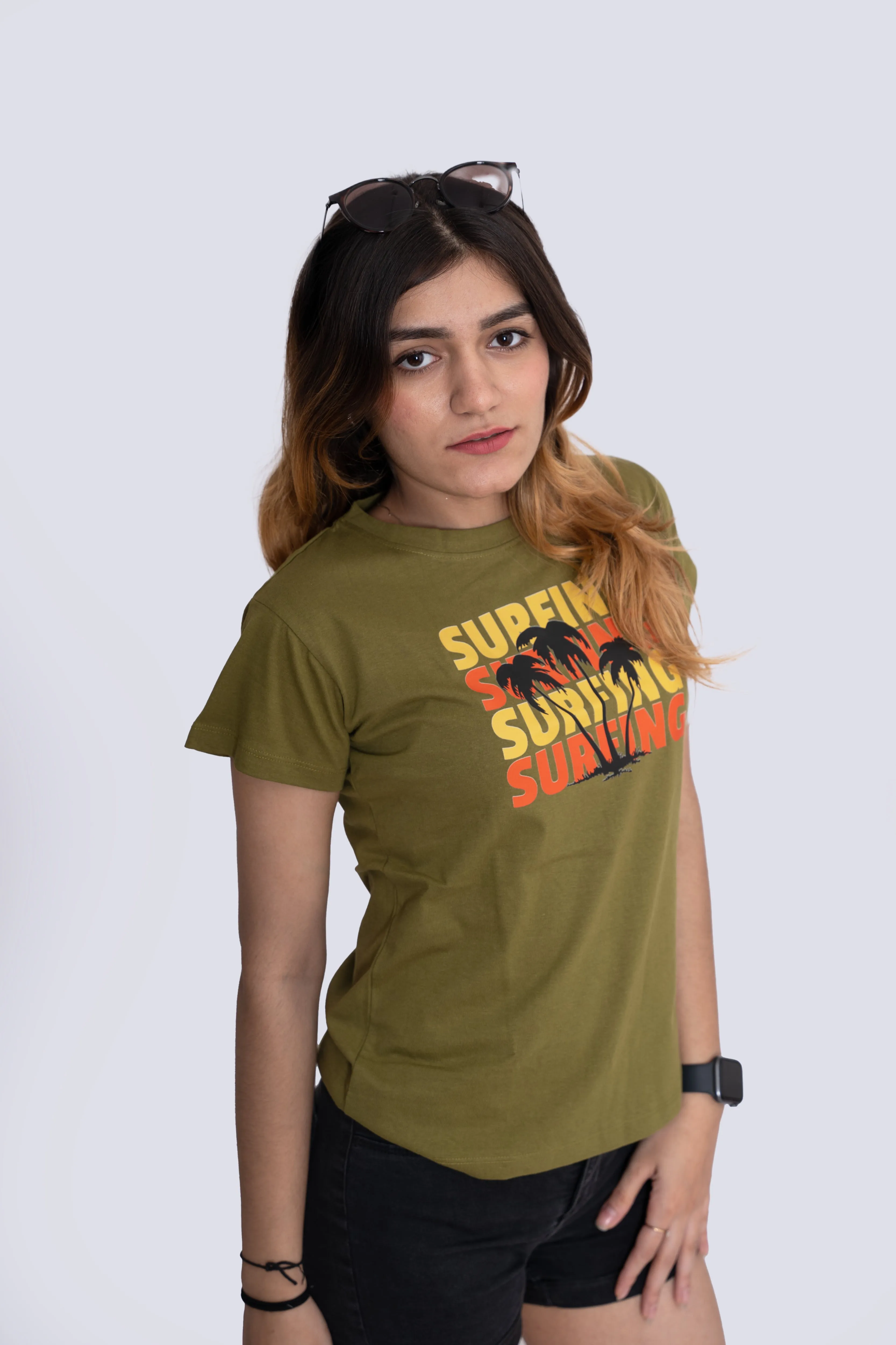 Women's Green Surfing Graphic Printed Classic Fit Tshirt