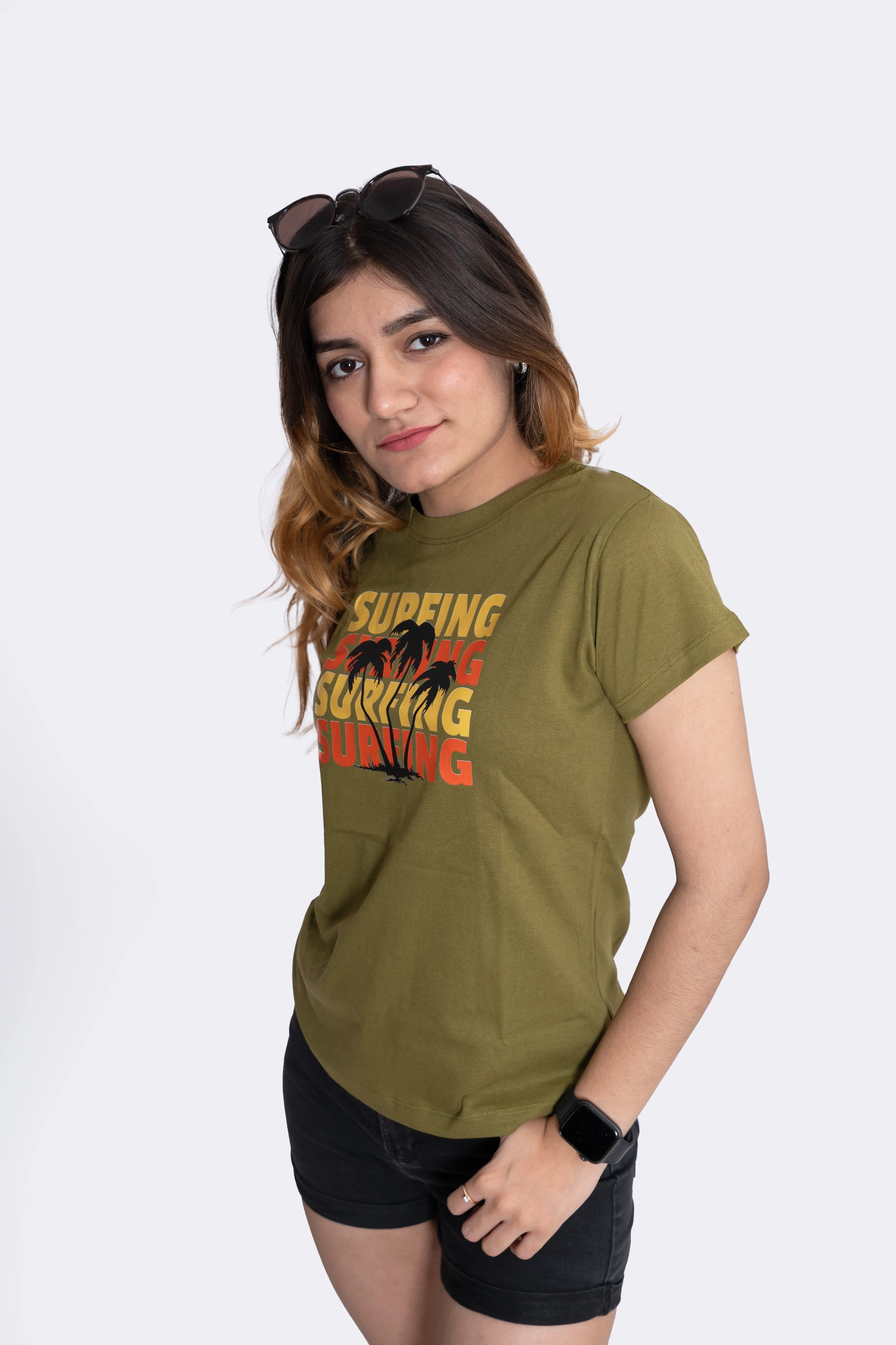 Women's Green Surfing Graphic Printed Classic Fit Tshirt