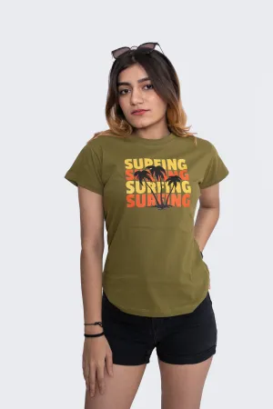 Women's Green Surfing Graphic Printed Classic Fit Tshirt