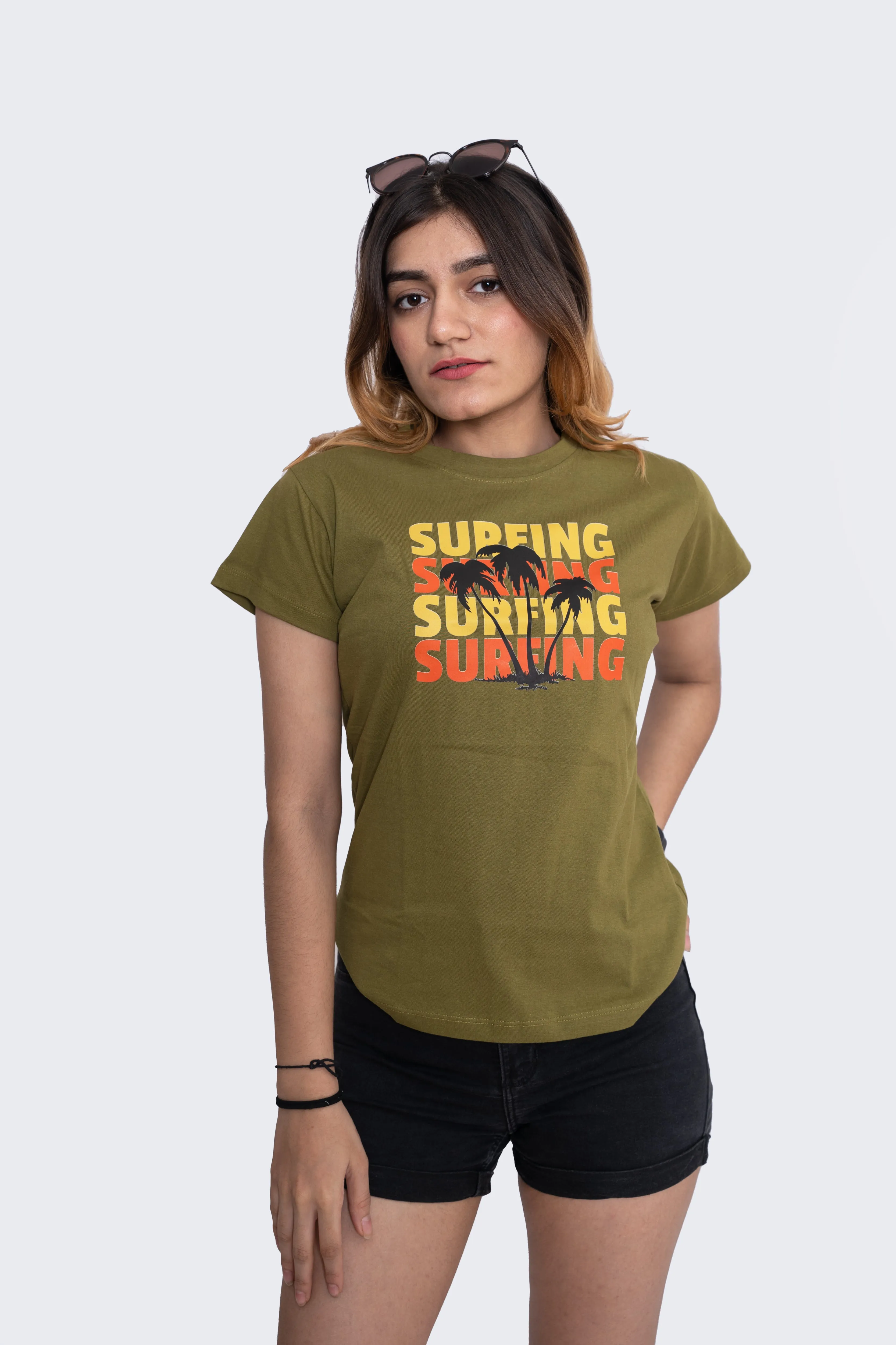 Women's Green Surfing Graphic Printed Classic Fit Tshirt
